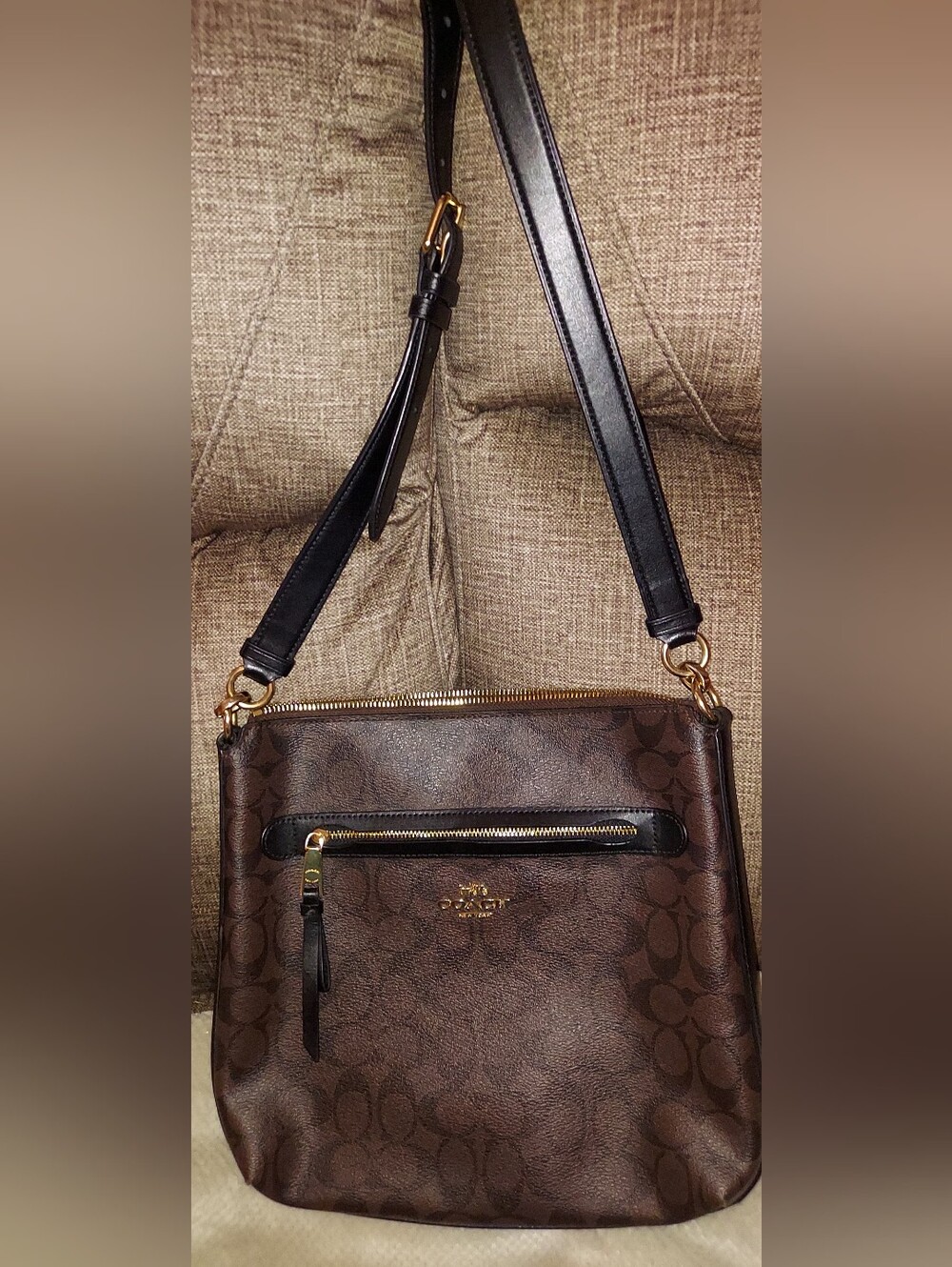 Coach Brown and Black Signature Crossbody Shoulder Bag